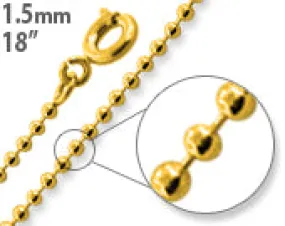 14K Gold Plated 18" Bead Brass Chain Necklace 1.50mm