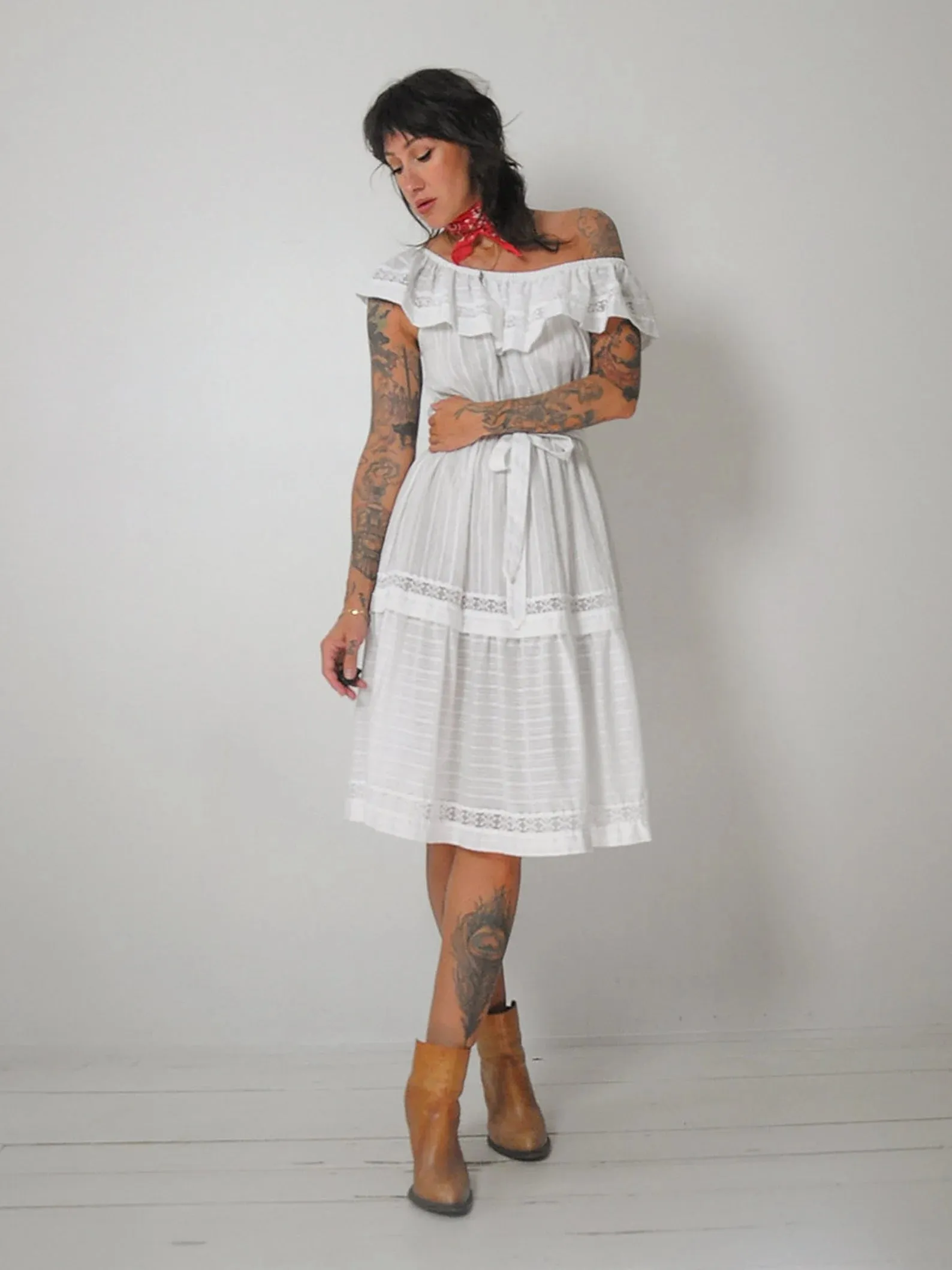 1970's Off Shoulder Cotton Dress