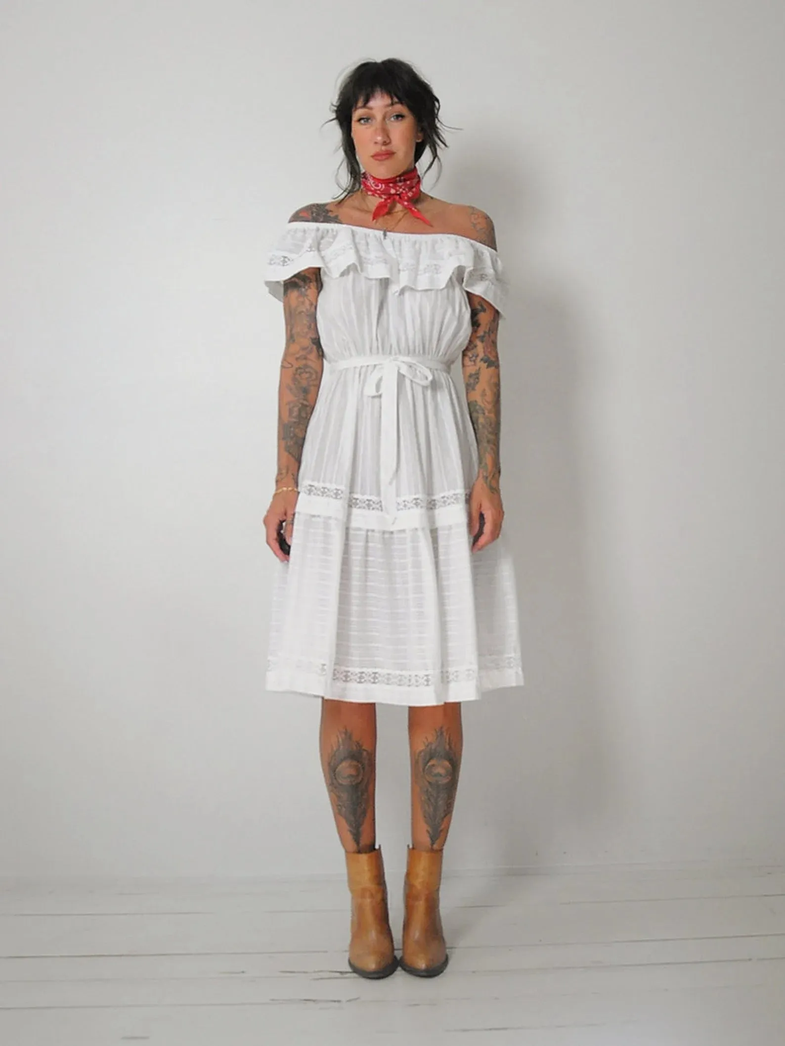 1970's Off Shoulder Cotton Dress