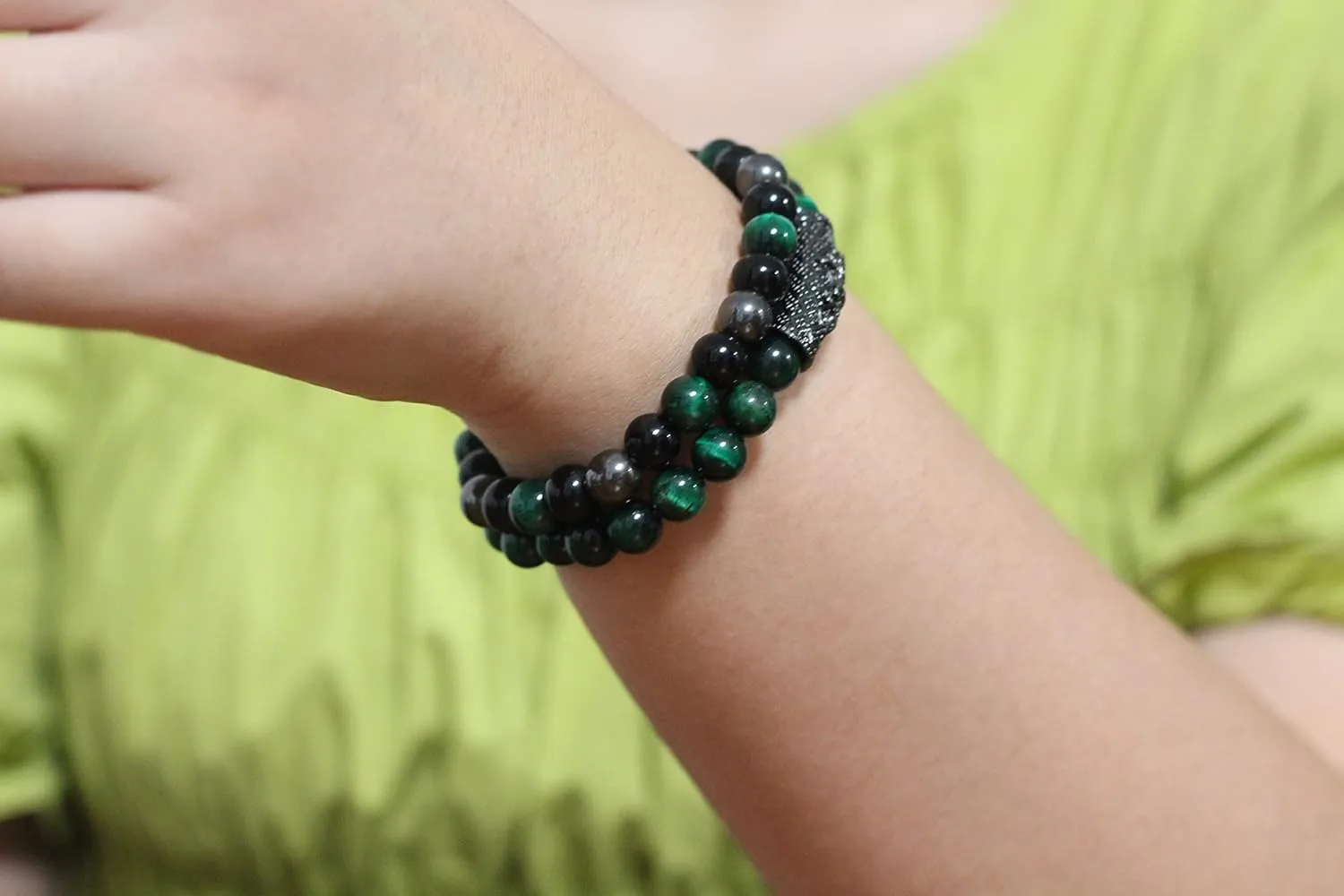 2Pcs Triple Protection Bracelet,Natural Tigers Eye Black Obsidian and Hematite 8 MM Beads Bracelet for Men Women Gift, Healing Crystal Bracelet Bring Luck and Prosperity and Happiness (Green)