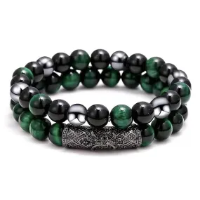 2Pcs Triple Protection Bracelet,Natural Tigers Eye Black Obsidian and Hematite 8 MM Beads Bracelet for Men Women Gift, Healing Crystal Bracelet Bring Luck and Prosperity and Happiness (Green)