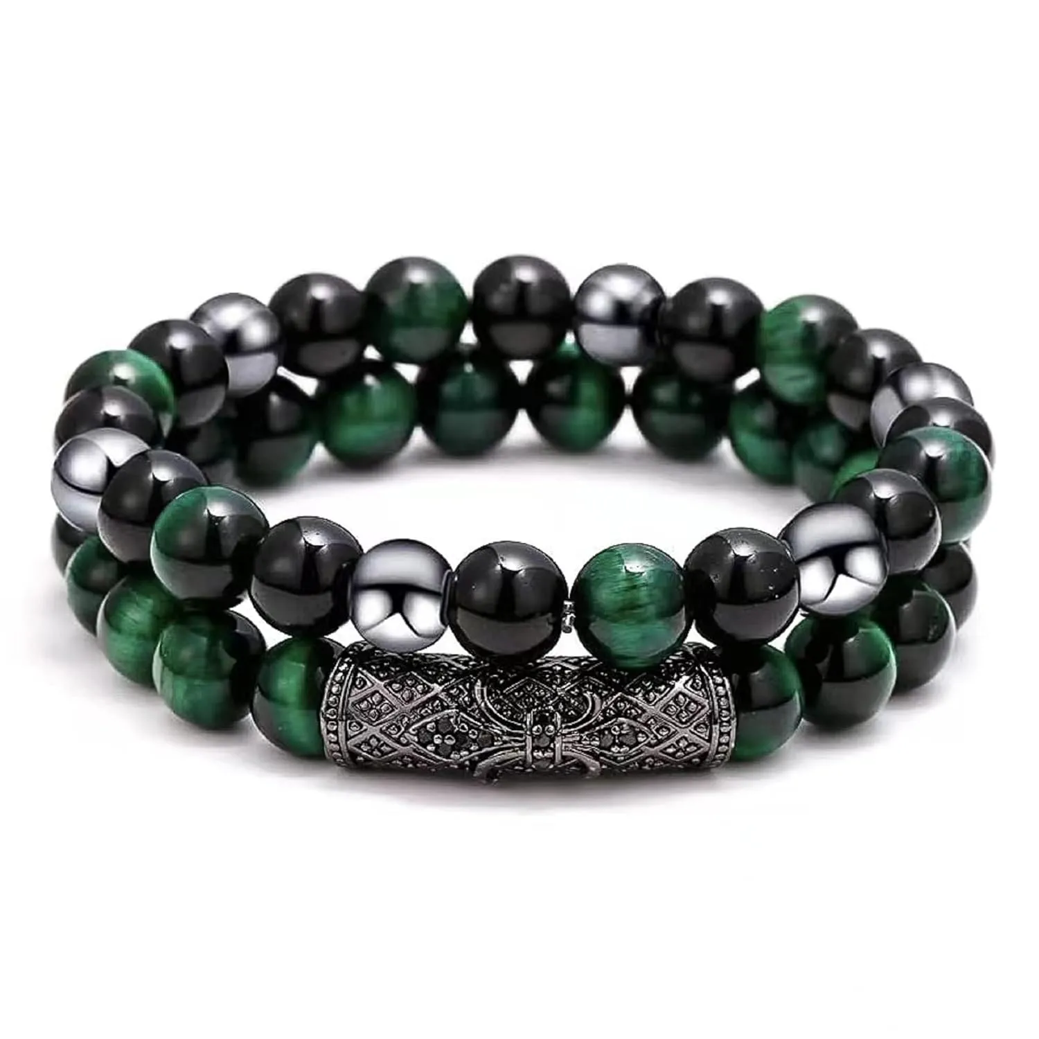 2Pcs Triple Protection Bracelet,Natural Tigers Eye Black Obsidian and Hematite 8 MM Beads Bracelet for Men Women Gift, Healing Crystal Bracelet Bring Luck and Prosperity and Happiness (Green)