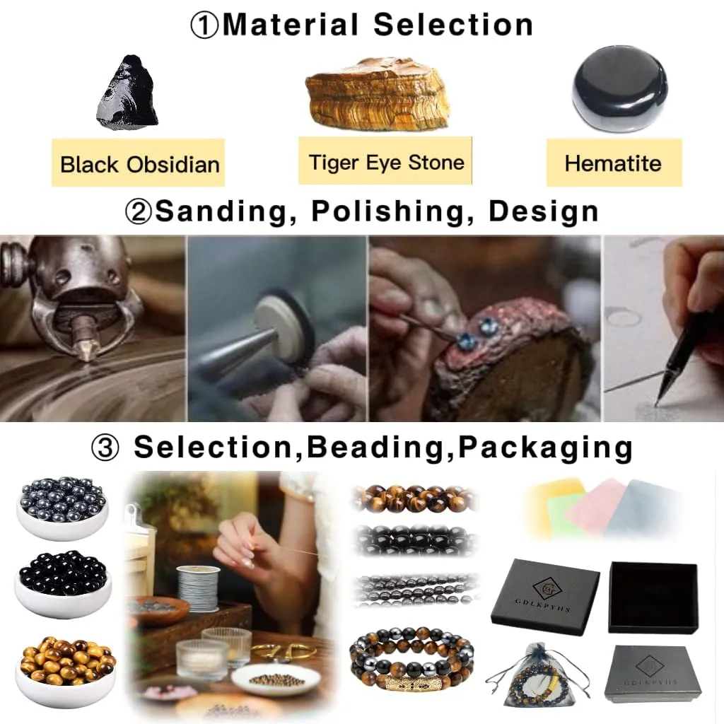 2Pcs Triple Protection Bracelet,Natural Tigers Eye Black Obsidian and Hematite 8 MM Beads Bracelet for Men Women Gift, Healing Crystal Bracelet Bring Luck and Prosperity and Happiness (Green)