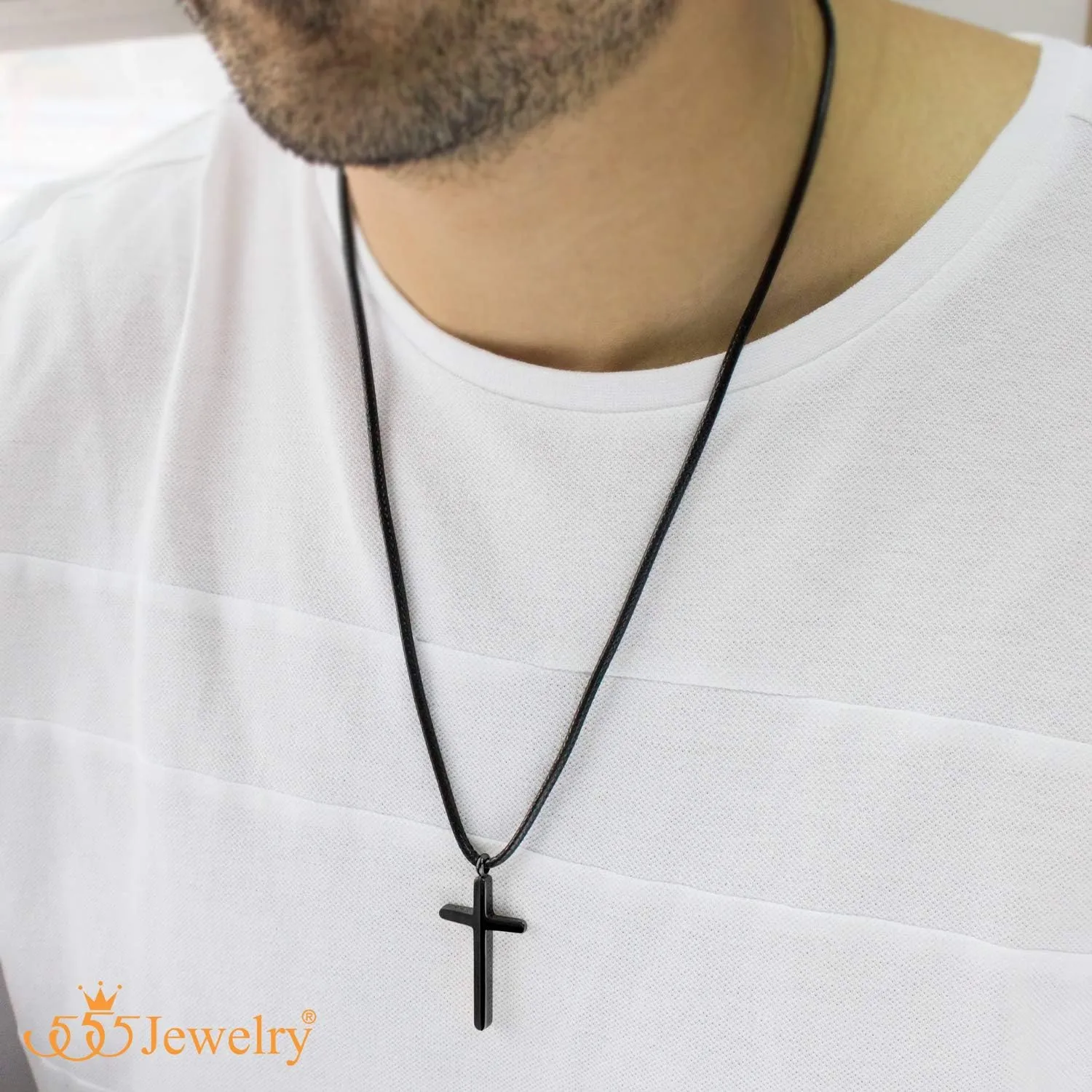 555Jewelry Stainless Steel Cross Necklace for Men - Mens Cross Necklaces with 18 to 24 Inches Waterproof Adjustable Black Leather Rope