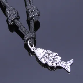 925 Sterling Silver Chinese Lucky Fish Pendant Handmade Adjustable Wax Rope Necklace Men Women DiyNotion NK011