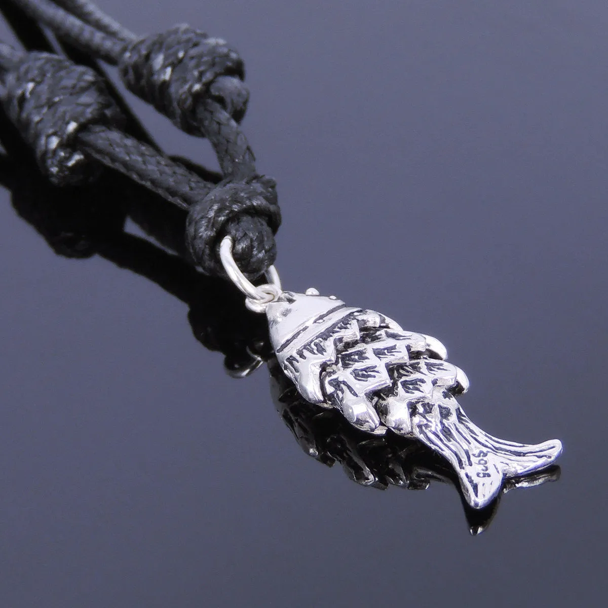 925 Sterling Silver Chinese Lucky Fish Pendant Handmade Adjustable Wax Rope Necklace Men Women DiyNotion NK011