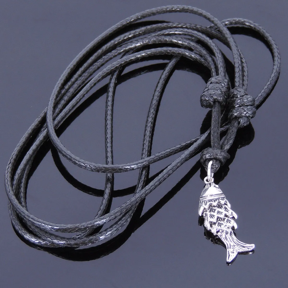 925 Sterling Silver Chinese Lucky Fish Pendant Handmade Adjustable Wax Rope Necklace Men Women DiyNotion NK011