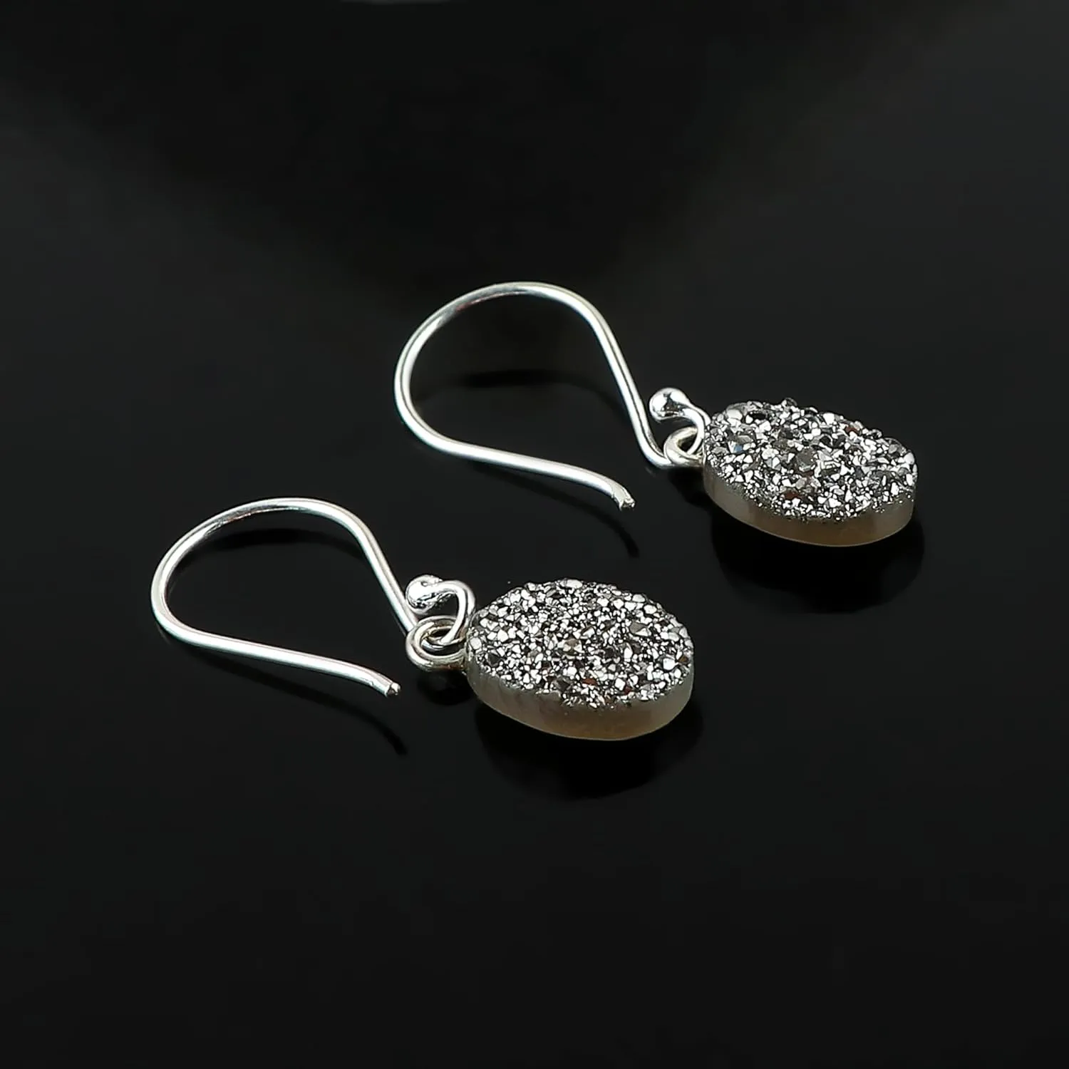 925 Sterling Silver Earrings, Natural Quartz Gemstones Earrings, Druzy Stones, Healing Crystals, Handmade, Filigree, Birthstones, Gifts for Women, (Grey Coated)