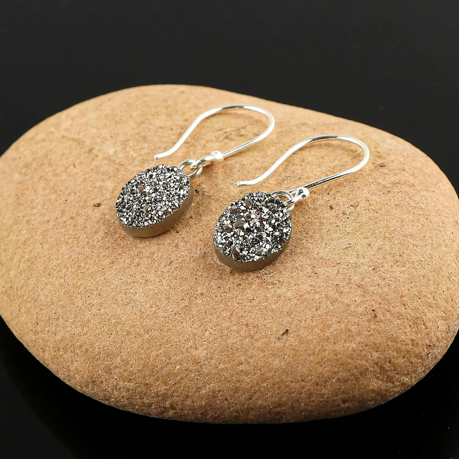 925 Sterling Silver Earrings, Natural Quartz Gemstones Earrings, Druzy Stones, Healing Crystals, Handmade, Filigree, Birthstones, Gifts for Women, (Grey Coated)