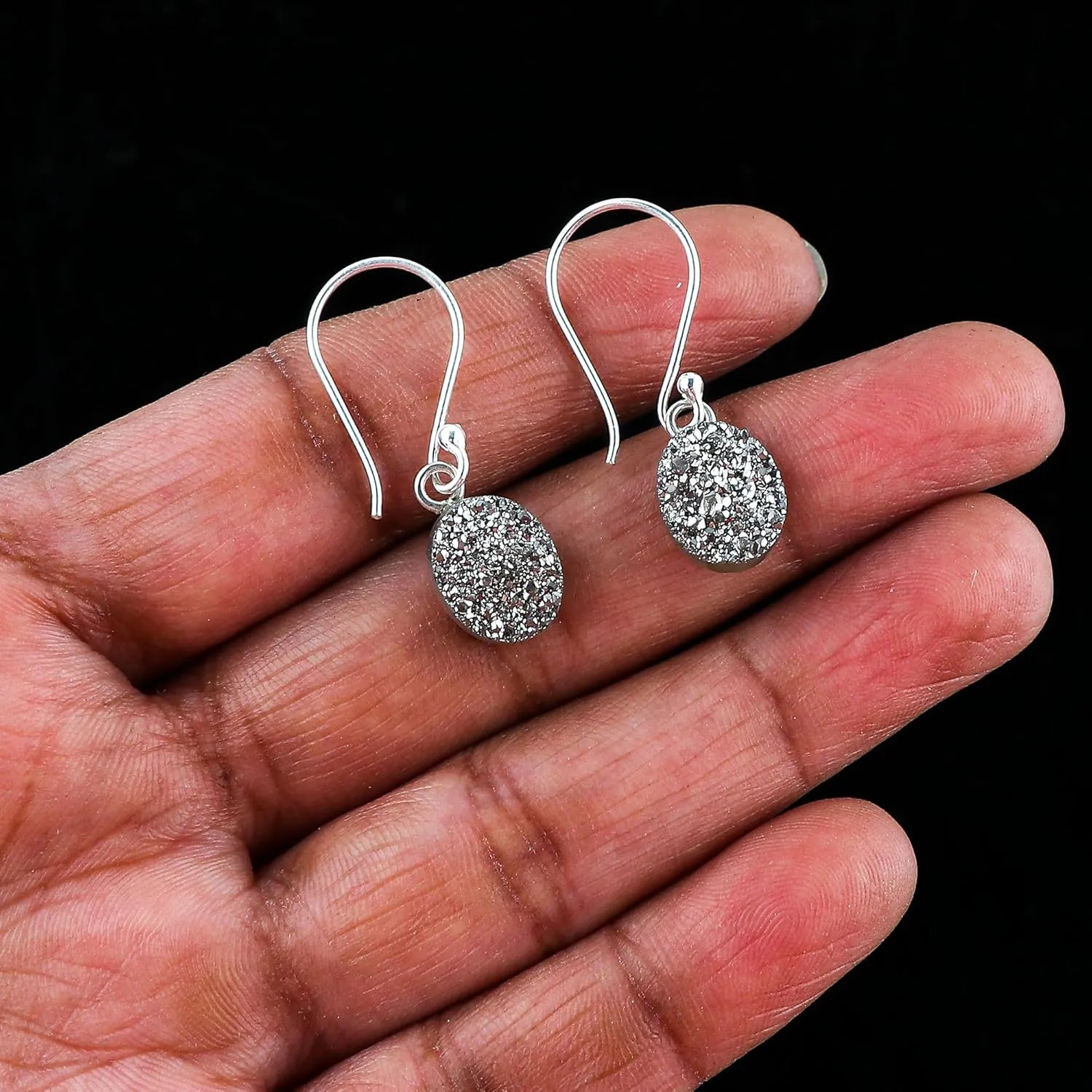 925 Sterling Silver Earrings, Natural Quartz Gemstones Earrings, Druzy Stones, Healing Crystals, Handmade, Filigree, Birthstones, Gifts for Women, (Grey Coated)
