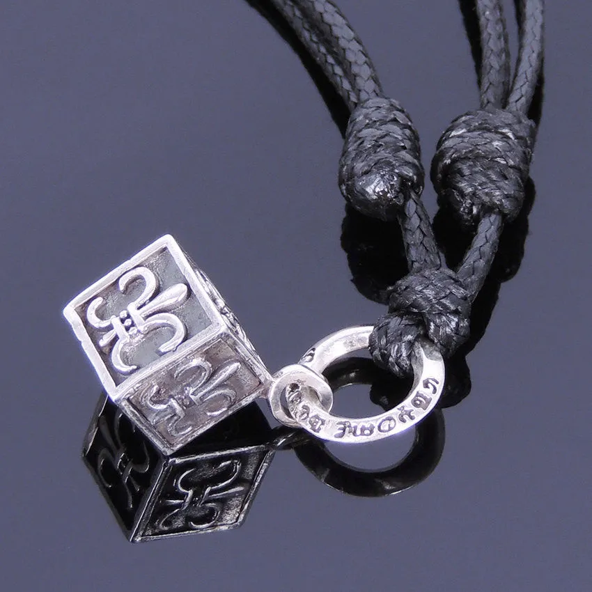 925 Sterling Silver Fleur de Lis Cube Pendant Handmade Adjustable Wax Rope Necklace Men Women DiyNotion NK005