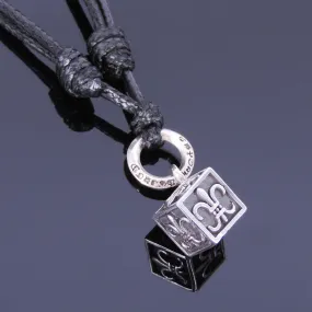 925 Sterling Silver Fleur de Lis Cube Pendant Handmade Adjustable Wax Rope Necklace Men Women DiyNotion NK005