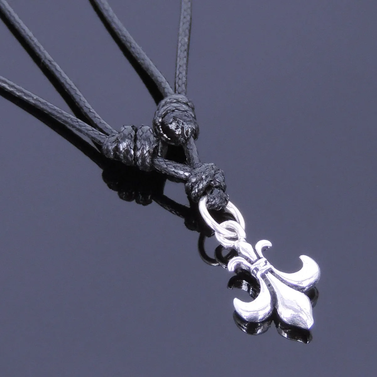 925 Sterling Silver Fleur de Lis Pendant Handmade Adjustable Wax Rope Necklace Men Women DiyNotion NK012