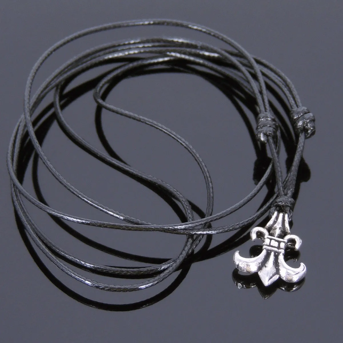 925 Sterling Silver Fleur de Lis Pendant Handmade Adjustable Wax Rope Necklace Men Women DiyNotion NK049