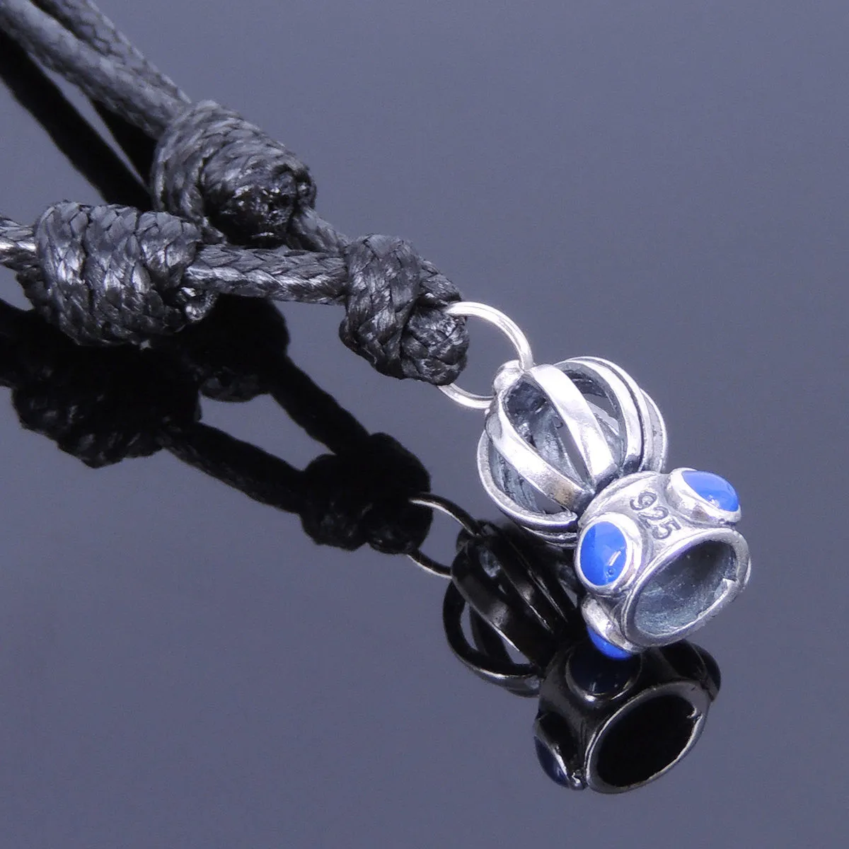 925 Sterling Silver Hand-painted Crown Pendant Handmade Adjustable Wax Rope Necklace Men Women DiyNotion NK006