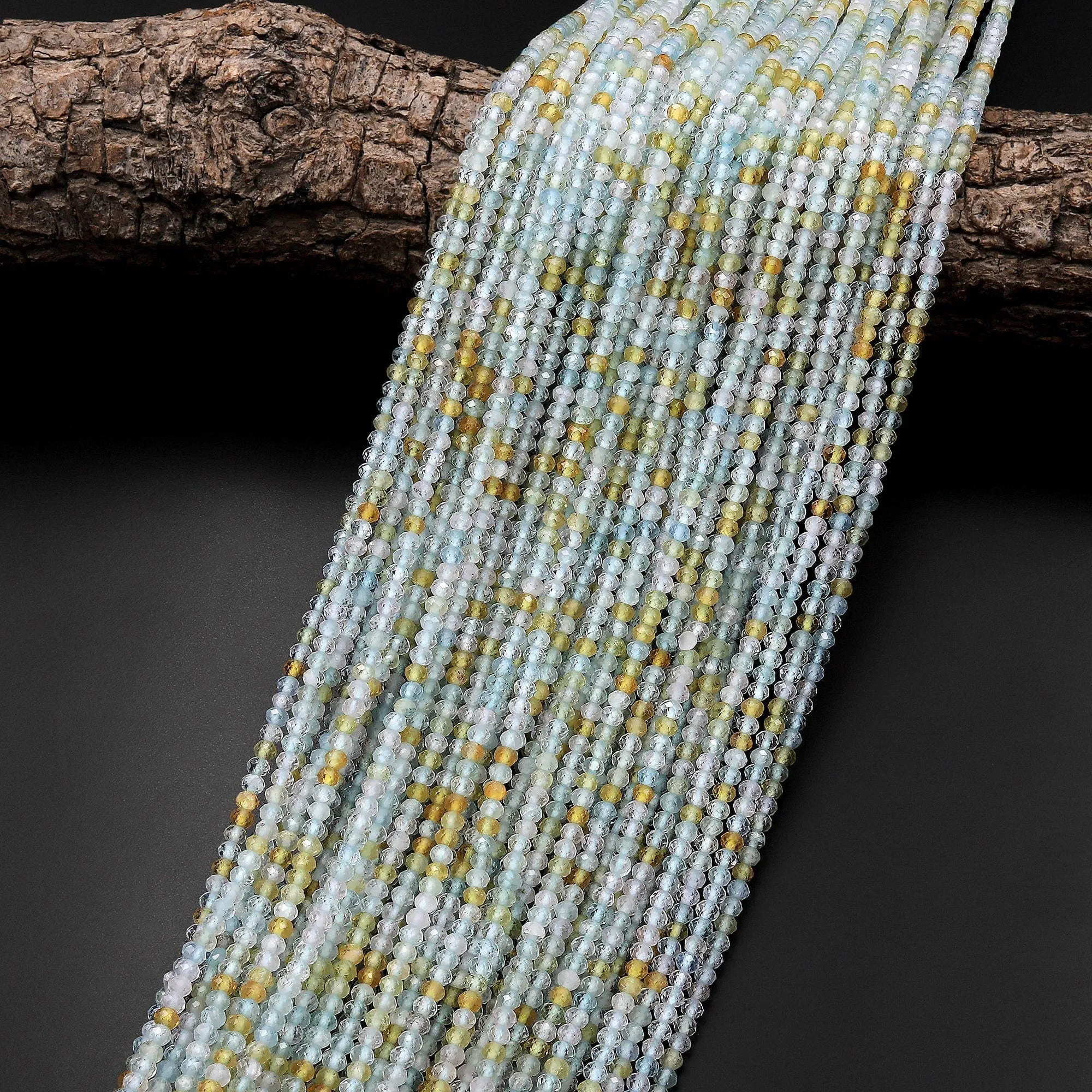 AAA Faceted Blue Yellow Pink Aquamarine 3mm Rondelle Beads Gemstone 15.5" Strand