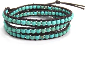 AeraVida Boho Multi-Layer Leather Wrap Bracelet with Simulated Blue Turquoise Beads | Handmade Tribal-Inspired Jewelry | Adjustable Cotton Rope Fashion Bracelet for Women