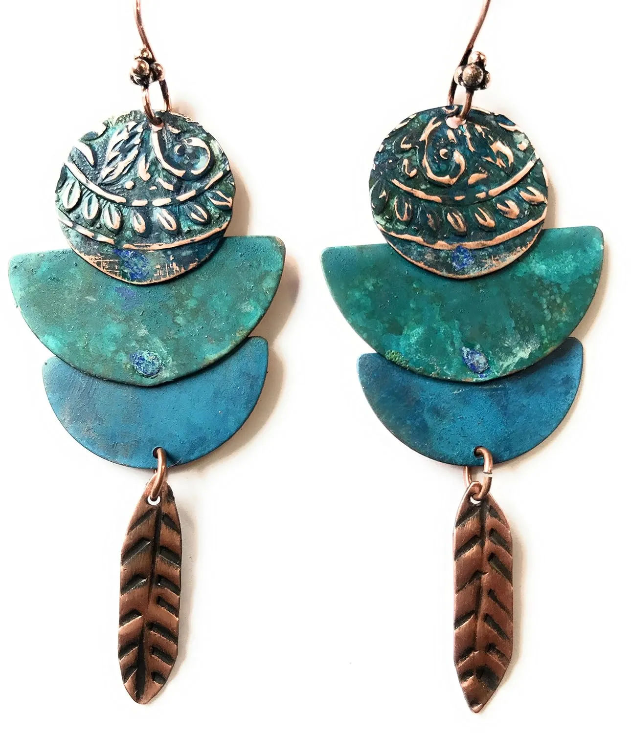 Ancient Forest Boho Blue Green Patina Drop Leaf Feather Earrings in Copper by BANDANA GIRL