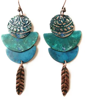 Ancient Forest Boho Blue Green Patina Drop Leaf Feather Earrings in Copper by BANDANA GIRL