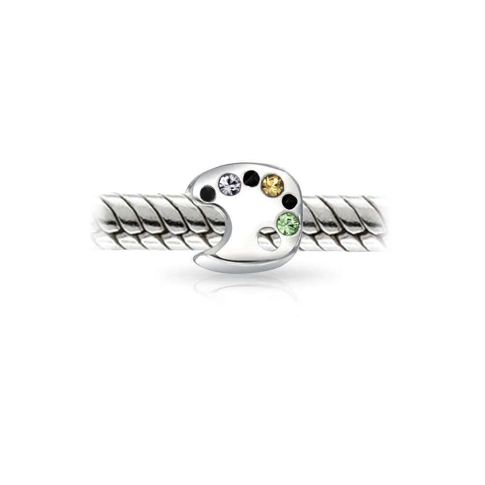 Artist Palette Painter Drawing CZ Color Charm Bead .925 Sterling Silver