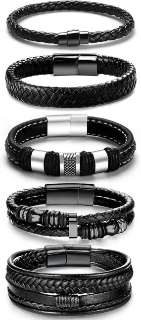 Black Leather Bracelets for Men Women 5pcs Mens Bracelet Leather and Steel Braided Cuff Bracelets