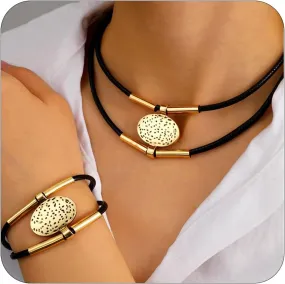 Black Woven Leather Necklace Bracelet Set Wax Rope Chain for Women - Elegant Simple Stylish Silver Cylindrical Bamboo Pendant with Minimalist Double Layer Design & Bracelet Set
