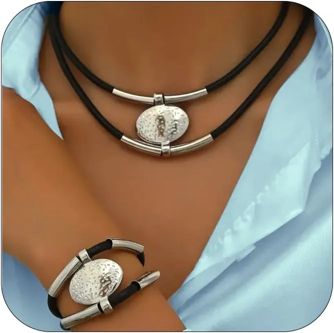 Black Woven Leather Necklace Bracelet Set Wax Rope Chain for Women - Elegant Simple Stylish Silver Cylindrical Bamboo Pendant with Minimalist Double Layer Design & Bracelet Set