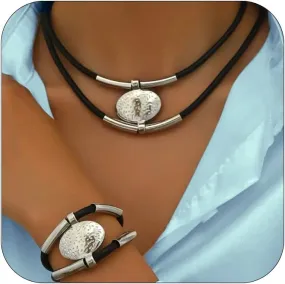 Black Woven Leather Necklace Bracelet Set Wax Rope Chain for Women - Elegant Simple Stylish Silver Cylindrical Bamboo Pendant with Minimalist Double Layer Design & Bracelet Set