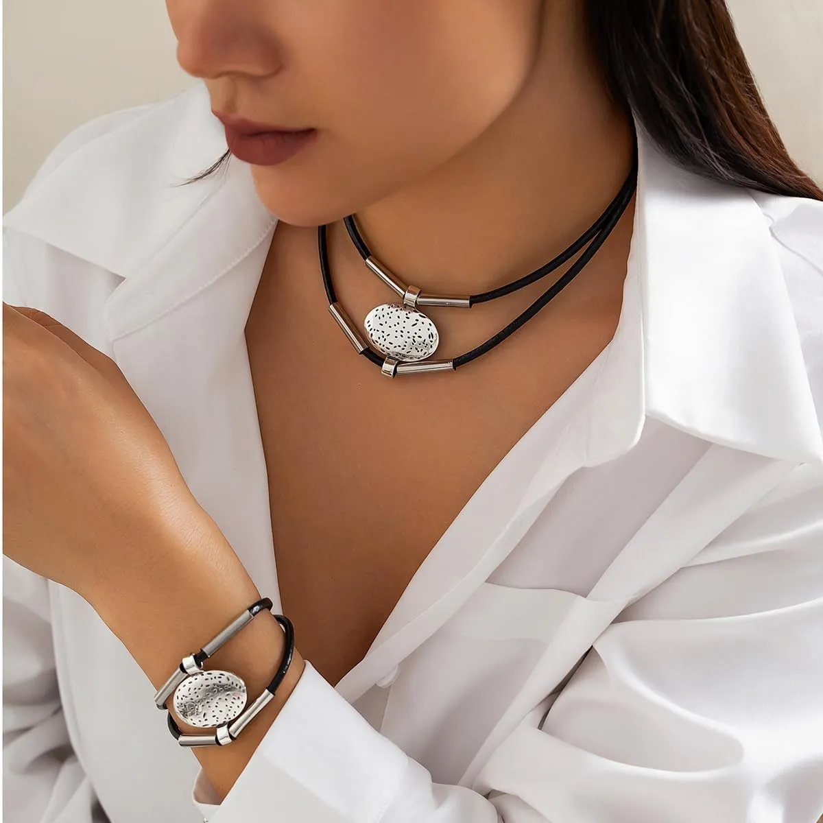 Black Woven Leather Necklace Bracelet Set Wax Rope Chain for Women - Elegant Simple Stylish Silver Cylindrical Bamboo Pendant with Minimalist Double Layer Design & Bracelet Set