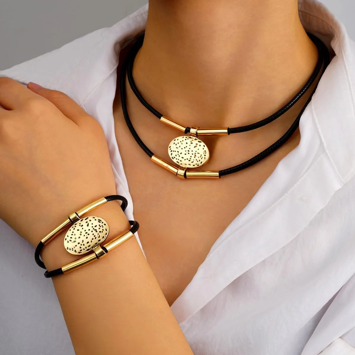 Black Woven Leather Necklace Bracelet Set Wax Rope Chain for Women - Elegant Simple Stylish Silver Cylindrical Bamboo Pendant with Minimalist Double Layer Design & Bracelet Set