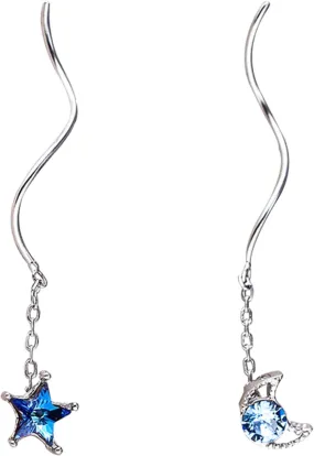 Blue Crystal Star Moon Dangle Earrings, Threader Earrings for Women, Elegant Tassel Chain Earrings