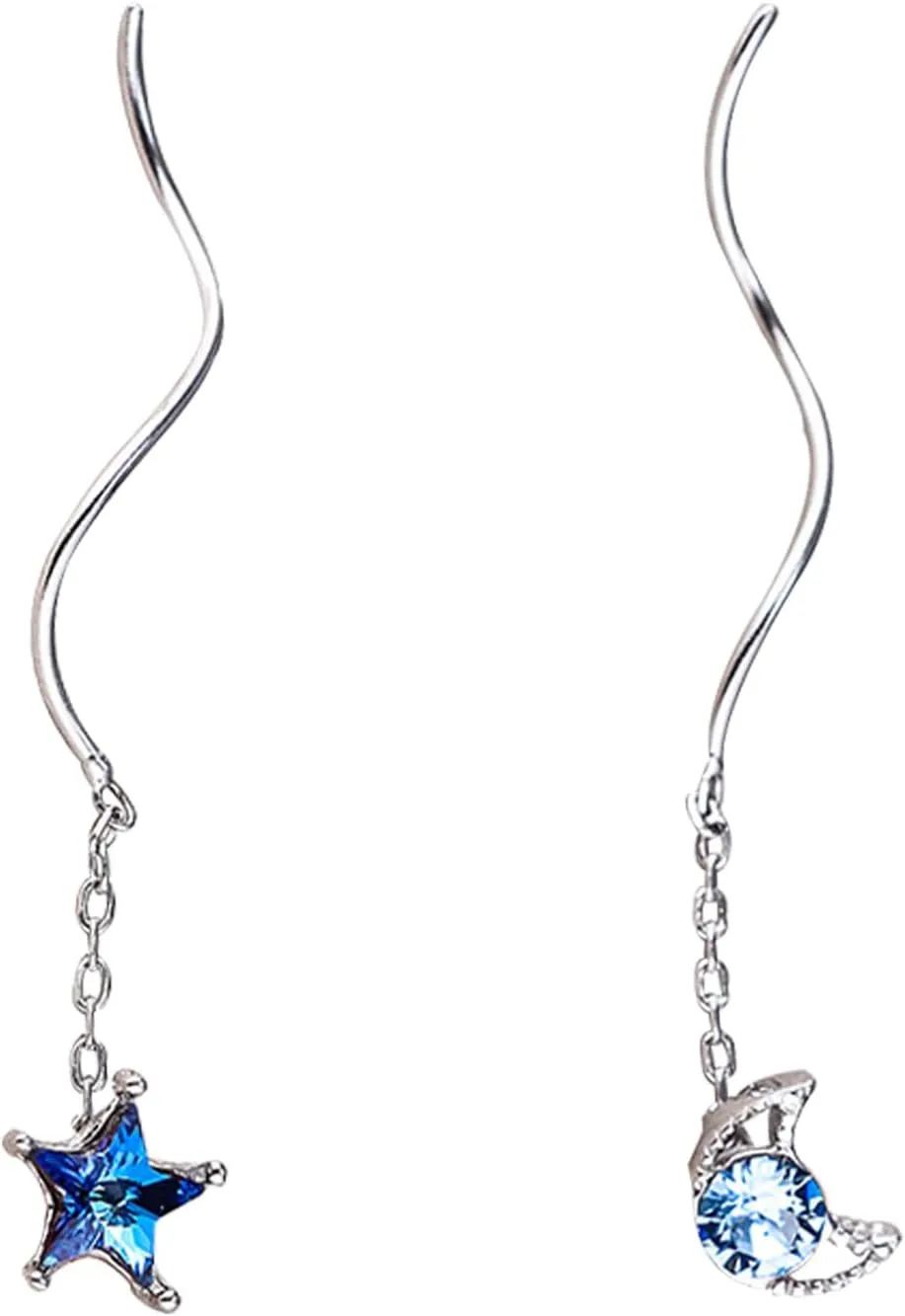 Blue Crystal Star Moon Dangle Earrings, Threader Earrings for Women, Elegant Tassel Chain Earrings
