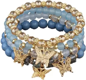 Bohemian Bracelets for Women Gold Beaded Stackable Stretch Bracelet Set Butterfly Elastic Multilayer Colorful Charm Bracelets Summer Beach Jewelry