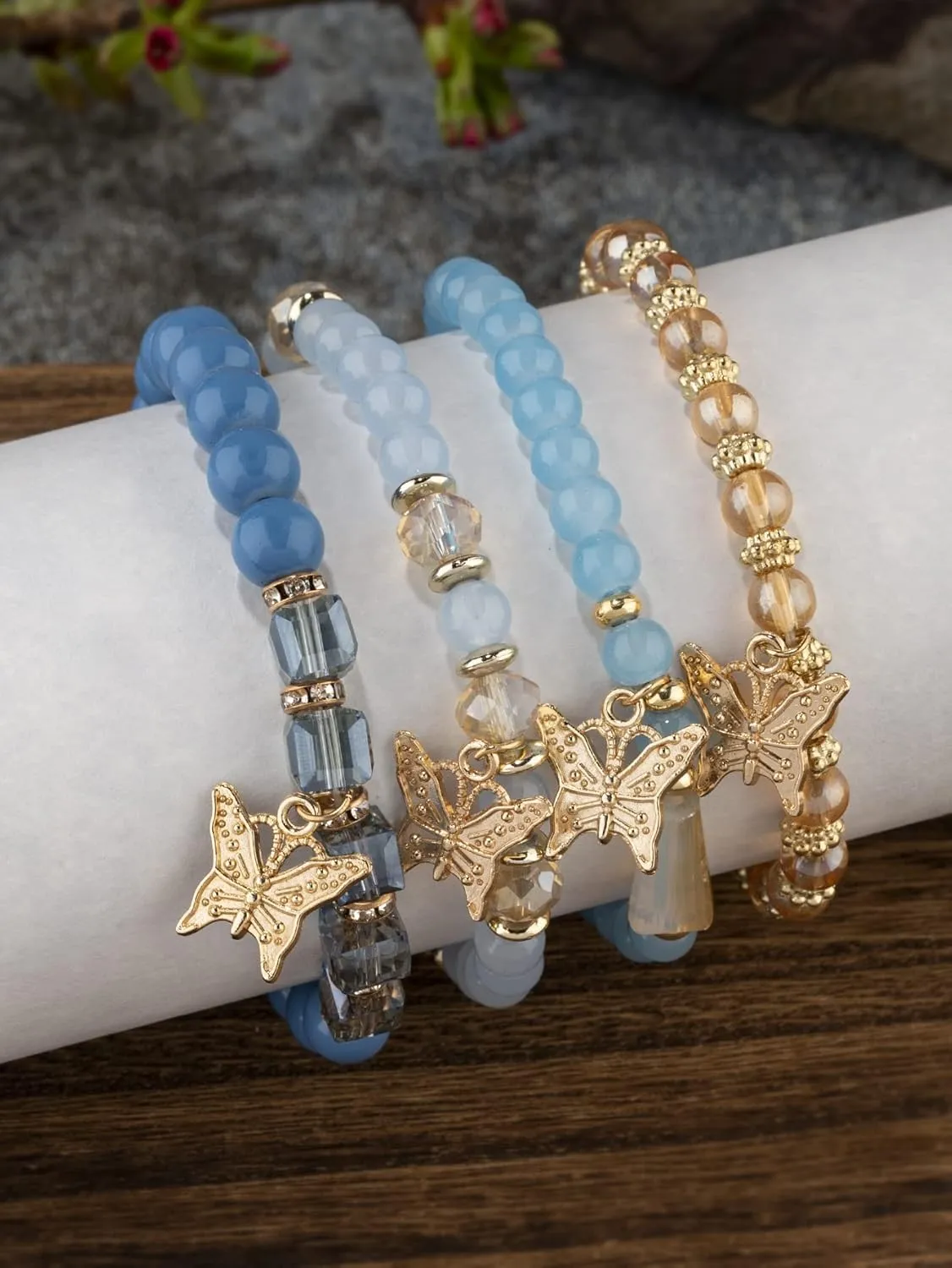 Bohemian Bracelets for Women Gold Beaded Stackable Stretch Bracelet Set Butterfly Elastic Multilayer Colorful Charm Bracelets Summer Beach Jewelry