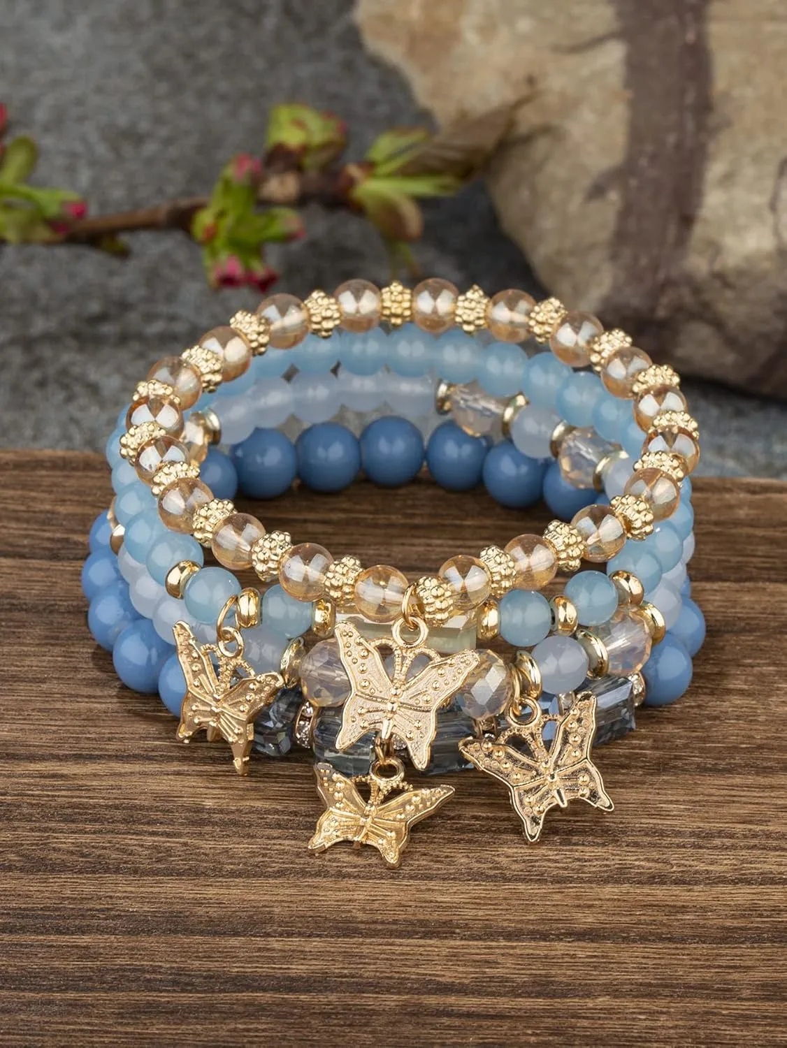 Bohemian Bracelets for Women Gold Beaded Stackable Stretch Bracelet Set Butterfly Elastic Multilayer Colorful Charm Bracelets Summer Beach Jewelry