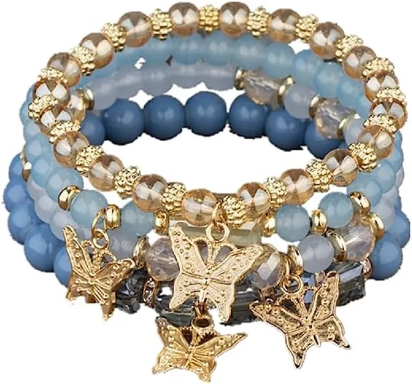 Bohemian Bracelets for Women Gold Beaded Stackable Stretch Bracelet Set Butterfly Elastic Multilayer Colorful Charm Bracelets Summer Beach Jewelry