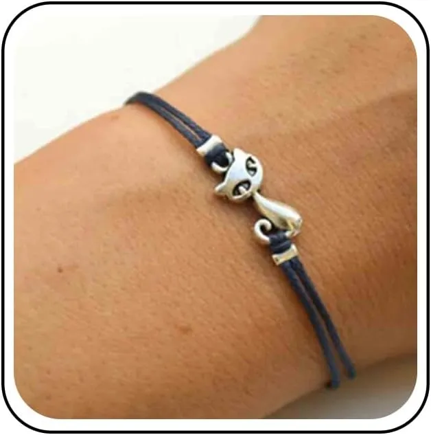 Boho Cat Bracelet Black String Bracelet Double Strand Leather Cord Bracelet Hand Chain Jewelry for Women Cat Lover Gift