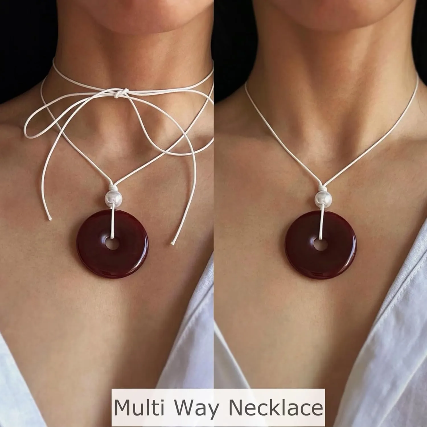 Boho Chic Gem Choker Necklace, Multi-way Healing Crystal Necklace, Adjustable, Natural Stone Donut Necklace, Unique Rope Choker Necklaces for Women (red agate)
