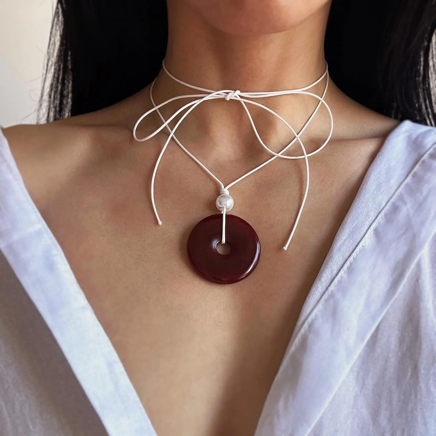Boho Chic Gem Choker Necklace, Multi-way Healing Crystal Necklace, Adjustable, Natural Stone Donut Necklace, Unique Rope Choker Necklaces for Women (red agate)