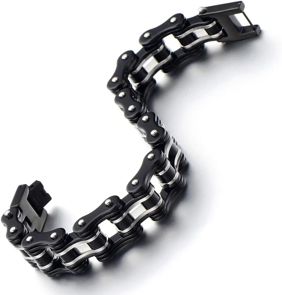 COOLSTEELANDBEYOND Masculine Mens Bike Chain Bracelet of Stainless Steel Two-Tone Polished