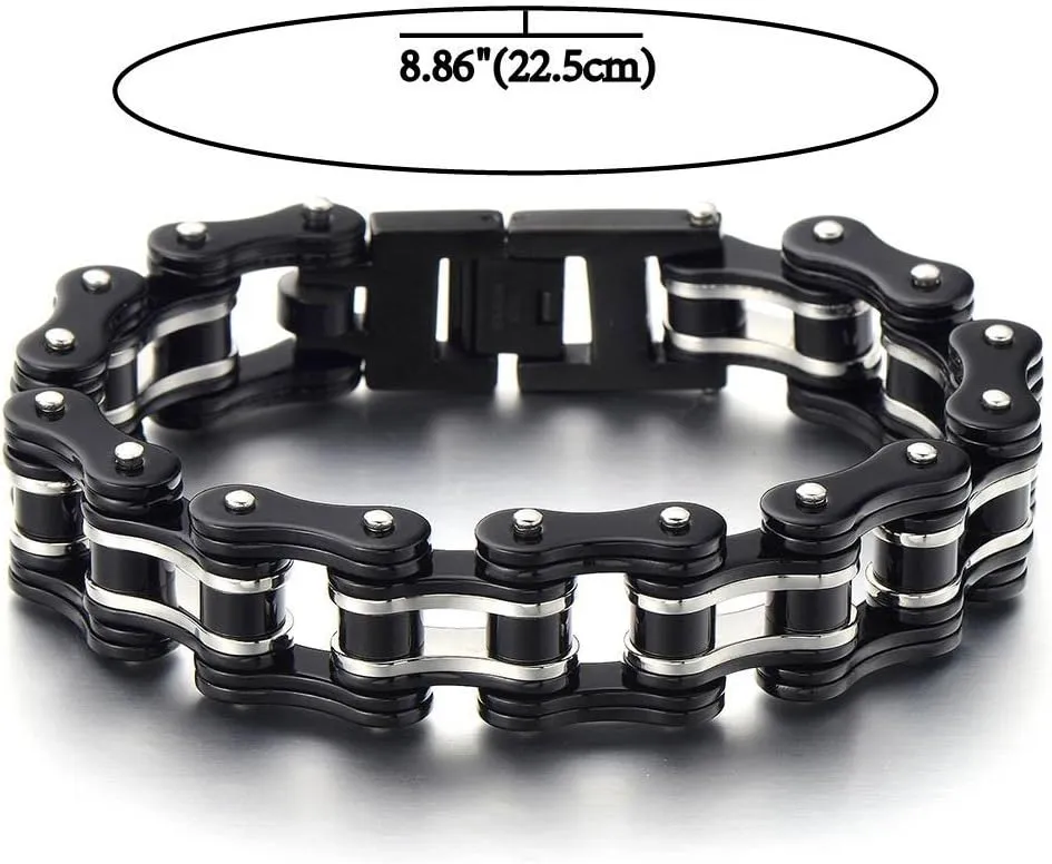 COOLSTEELANDBEYOND Masculine Mens Bike Chain Bracelet of Stainless Steel Two-Tone Polished