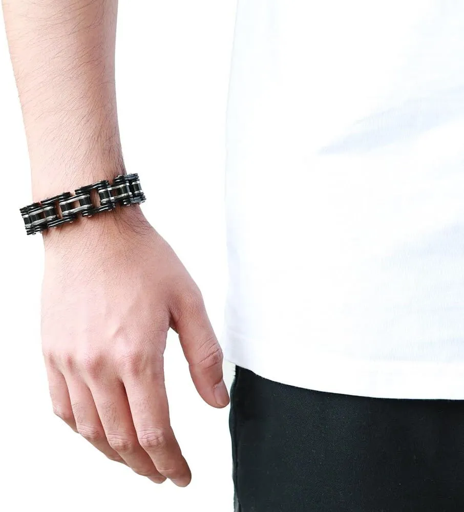 COOLSTEELANDBEYOND Masculine Mens Bike Chain Bracelet of Stainless Steel Two-Tone Polished