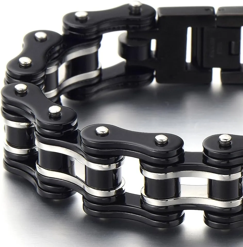 COOLSTEELANDBEYOND Masculine Mens Bike Chain Bracelet of Stainless Steel Two-Tone Polished