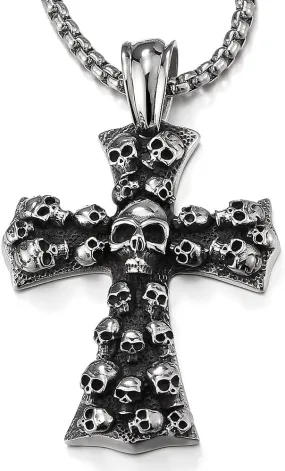 COOLSTEELANDBEYOND Mens Large Gothic Vintage Skulls Cross Pendant Necklace of Steel, Wheat Chain