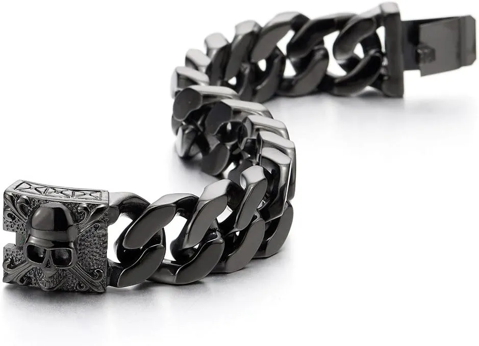 COOLSTEELANDBEYOND Mens Large Vintage Brushed Finishing Steel Curb Chain Bracelet with Fleur De Lis and Skull