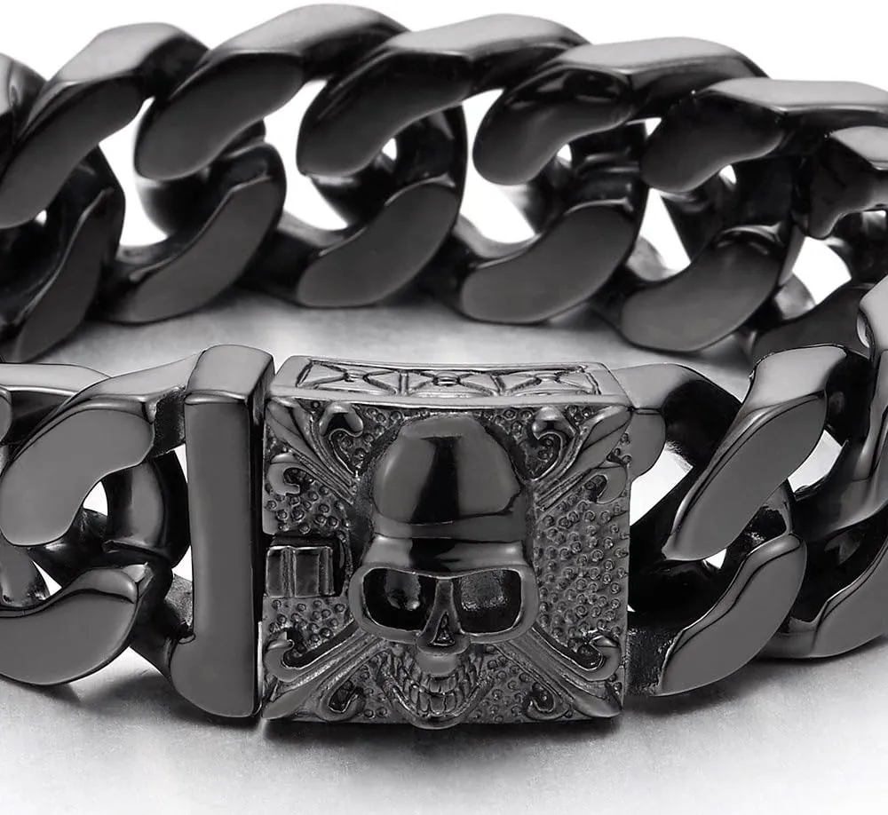 COOLSTEELANDBEYOND Mens Large Vintage Brushed Finishing Steel Curb Chain Bracelet with Fleur De Lis and Skull