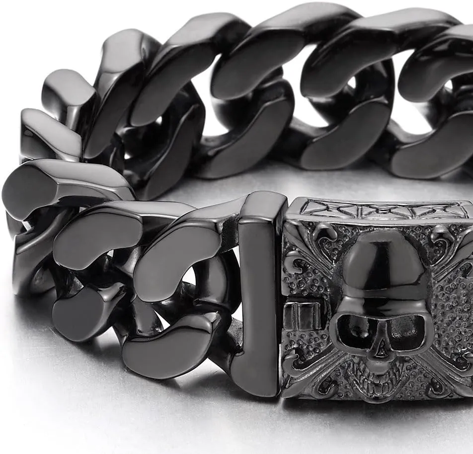 COOLSTEELANDBEYOND Mens Large Vintage Brushed Finishing Steel Curb Chain Bracelet with Fleur De Lis and Skull