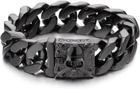 COOLSTEELANDBEYOND Mens Large Vintage Brushed Finishing Steel Curb Chain Bracelet with Fleur De Lis and Skull