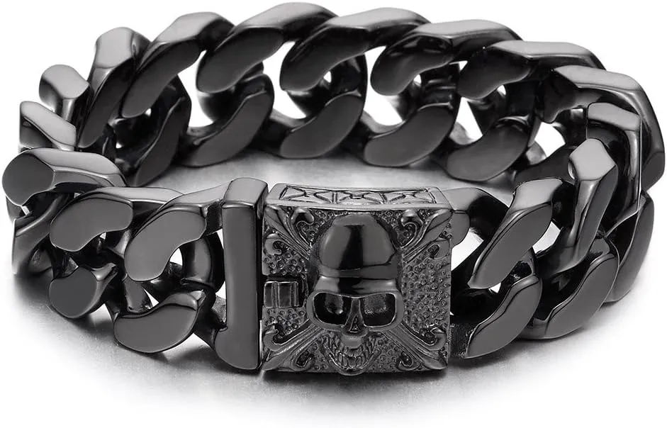 COOLSTEELANDBEYOND Mens Large Vintage Brushed Finishing Steel Curb Chain Bracelet with Fleur De Lis and Skull