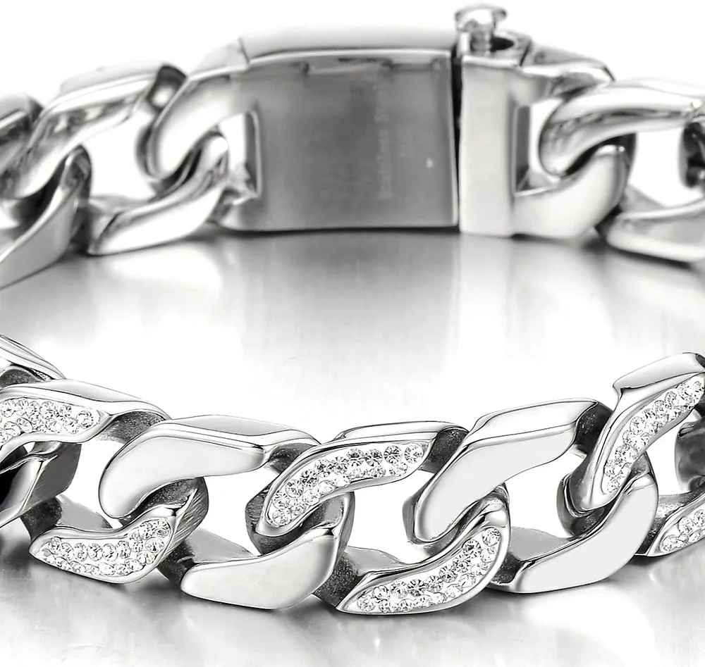 COOLSTEELANDBEYOND Men's Stainless Steel Curb Chain Bracelet High Polished with Cubic Zirconia